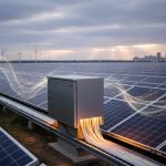Utility-scale solar panels and substation equipment at dusk with subtle glowing light trails suggesting quantum optimization over the grid.