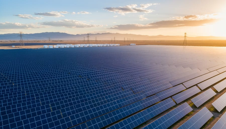 Aerial oblique view of a vast solar farm at golden hour, blue photovoltaic panels stretching toward distant transmission towers and battery storage units with low mountains under soft clouds.