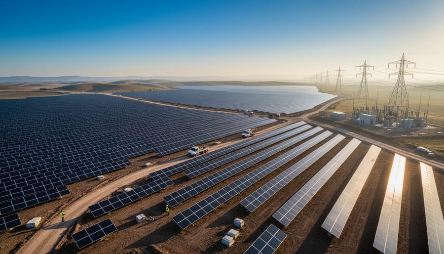 Aerial view of extensive solar farm with rows of photovoltaic panels stretching across landscape