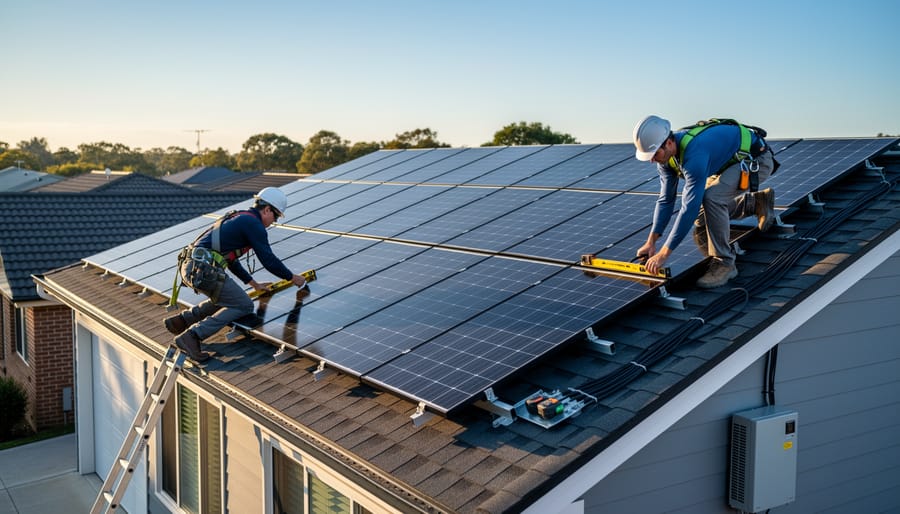 Professional technician installing solar panels on residential rooftop