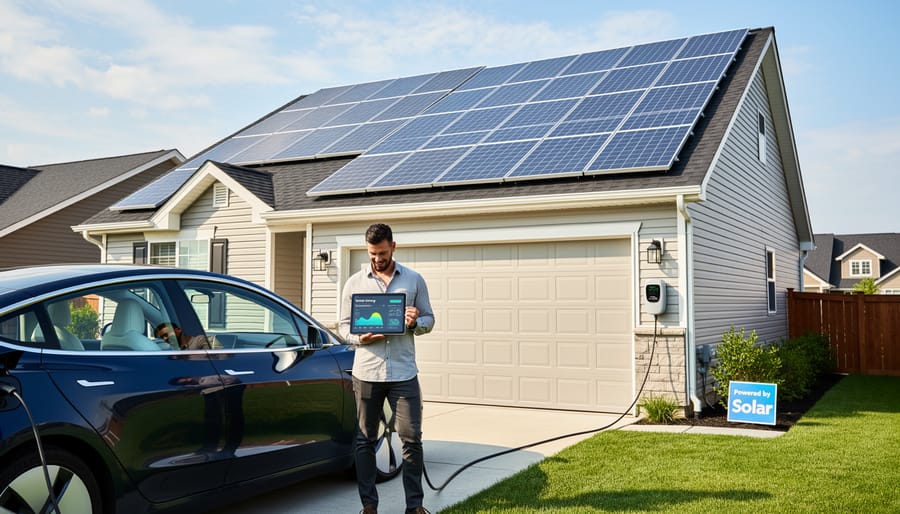 Modern suburban home with solar panels installed on rooftop in residential neighborhood