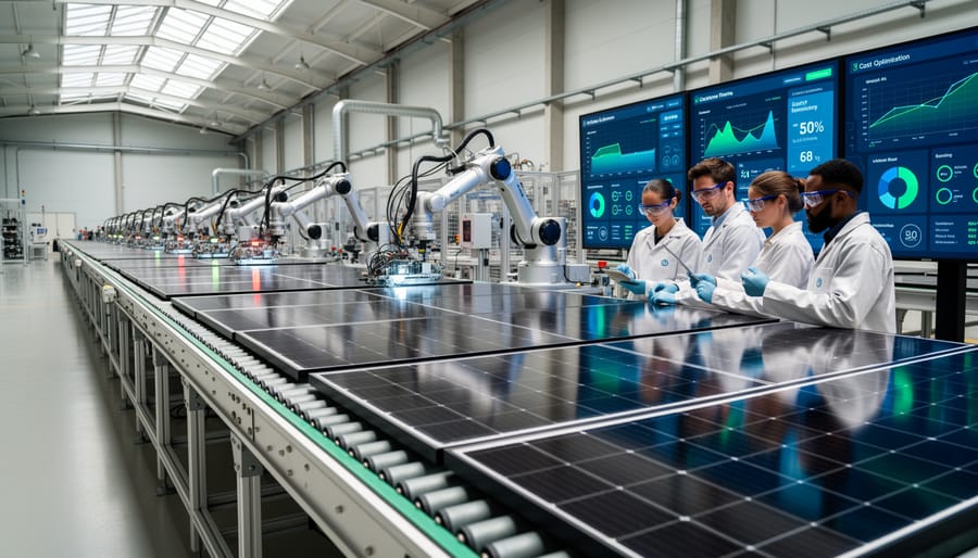 Close-up of modern solar panel showing crystalline cell structure and advanced technology