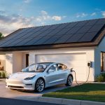 Modern suburban house with black rooftop solar panels and a white Tesla sedan in the driveway connected to a wall-mounted Level 2 charger, lit by warm evening sunlight with trees and blue sky in the background.
