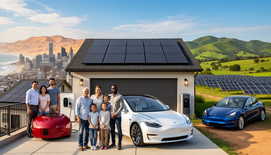 Family standing with their Tesla electric vehicle in front of solar-powered home