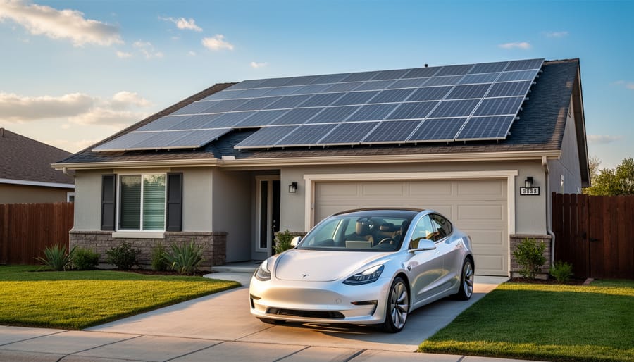 Solar panels installed on residential roof with Tesla electric car parked in driveway