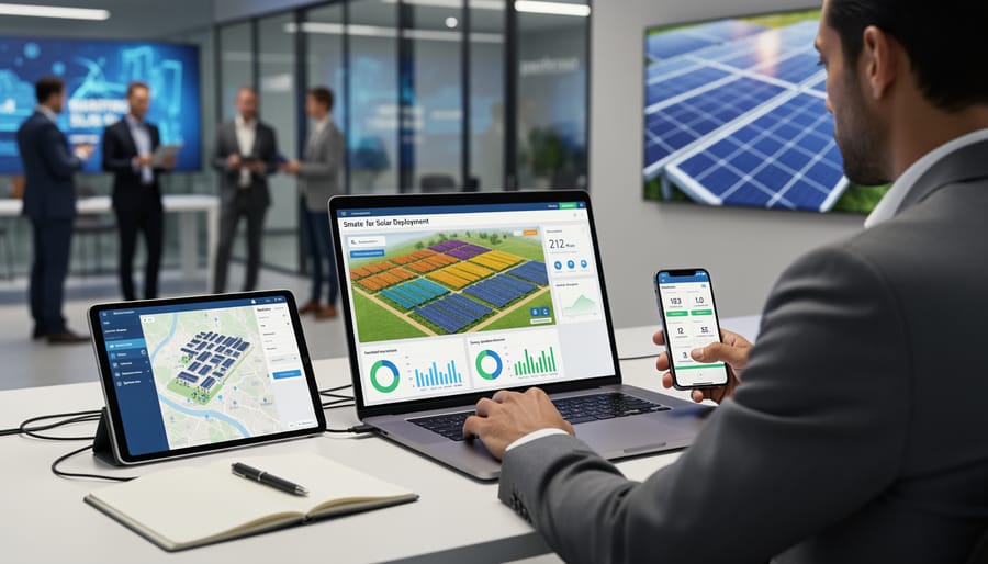 Energy professional holding a tablet and discussing digital tools in a conference environment