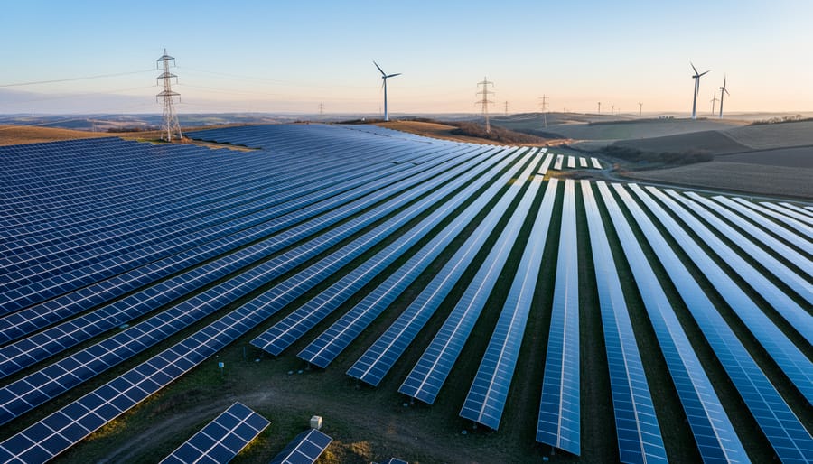 Wide view of solar panels at a modern solar farm with a faint city skyline in the background