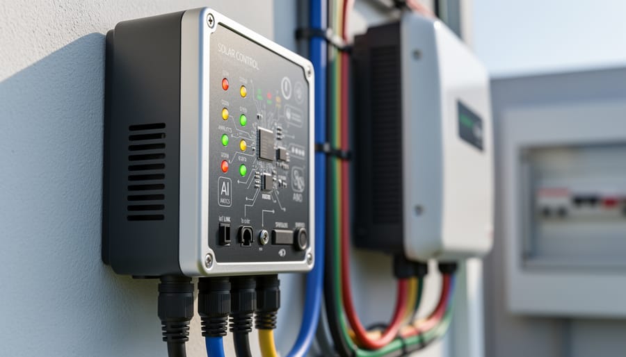 Close-up of a wall-mounted smart energy control unit with softly glowing indicator lights