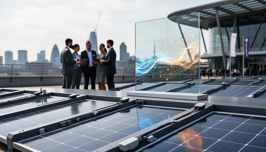 Solar panels with mounted IoT sensors in the foreground and business professionals at a London tech summit background with abstract glowing network connections.
