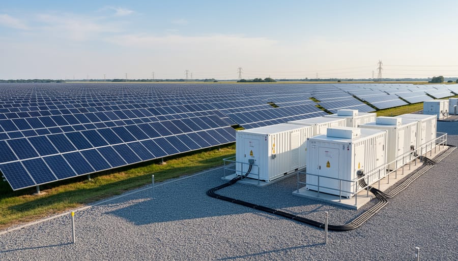 Battery energy storage unit next to a utility-scale solar farm with photovoltaic panels in the background