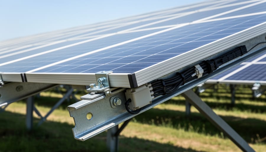 Close-up of bifacial solar panels mounted on a utility-scale tracking structure