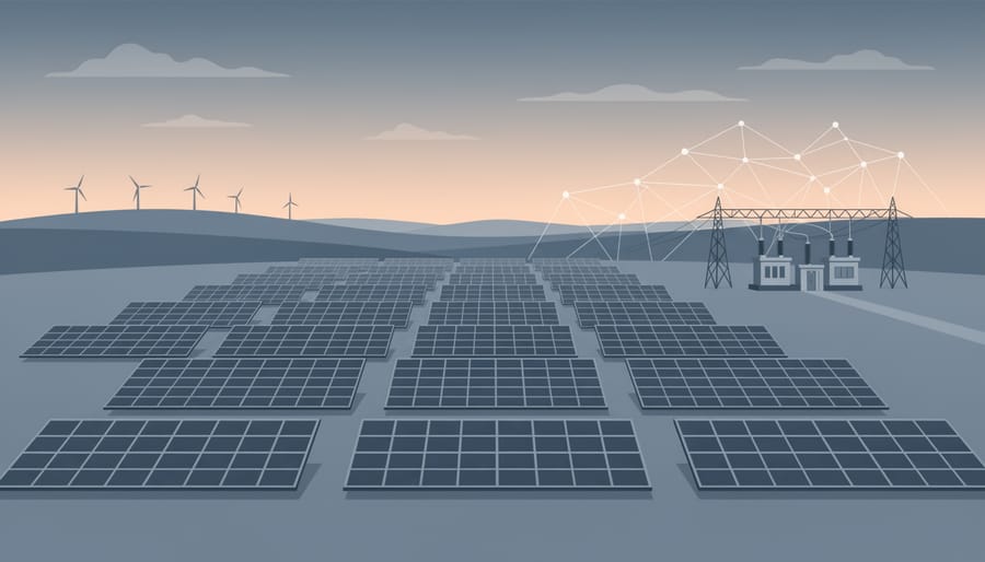 Solar panels at dusk with warm sunset light and deep blue sky over a UK solar farm