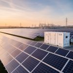 Wide low-angle view of reflective bifacial solar panels at a UK utility-scale solar farm with battery storage and distant grid infrastructure.