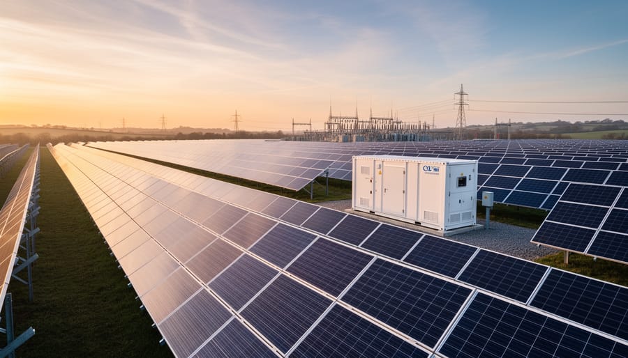 Wide low-angle view of reflective bifacial solar panels at a UK utility-scale solar farm with battery storage and distant grid infrastructure.