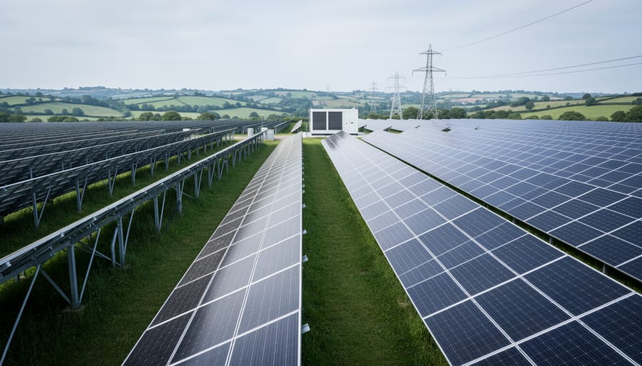 Wide view of a UK utility-scale solar farm with tilted solar panel trackers, distant grid substation structures, and a battery storage unit under an overcast sky.