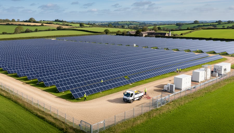 Utility-scale solar farm with wide rows of photovoltaic panels and maintenance workers walking on a service path