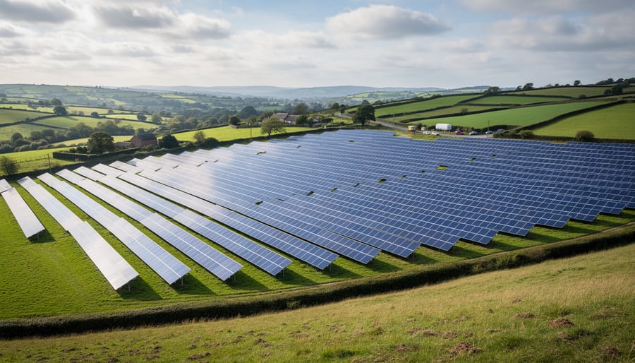 Wide view of utility-scale solar panels across a UK solar farm under a cloudy sky
