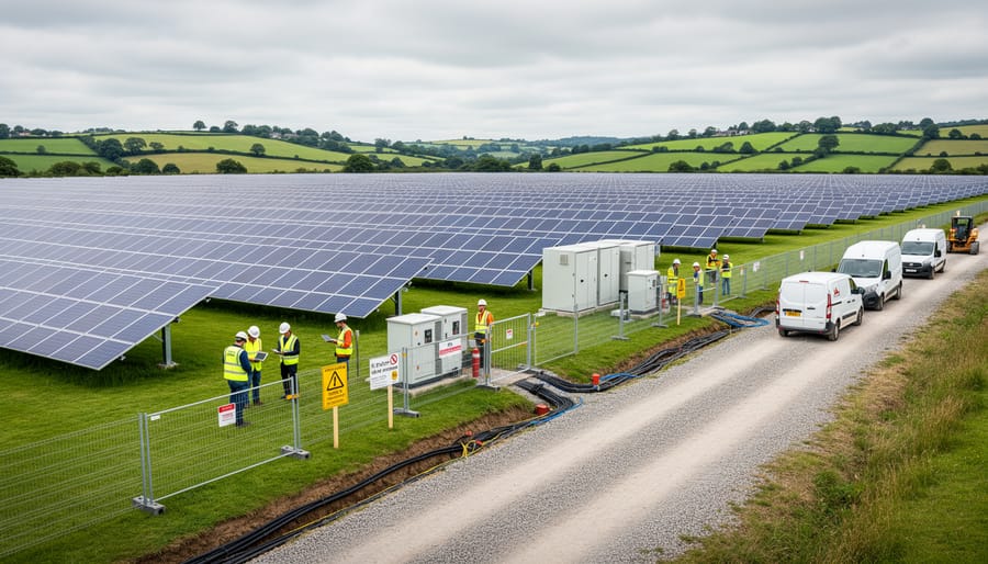 Workers in hi-vis vests beside an outdoor electrical inverter cabinet at a solar farm