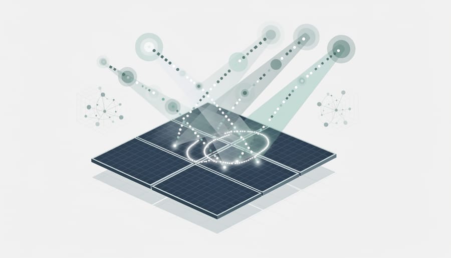 Futuristic luminous sphere of light hovering above a solar panel surface in a dark environment