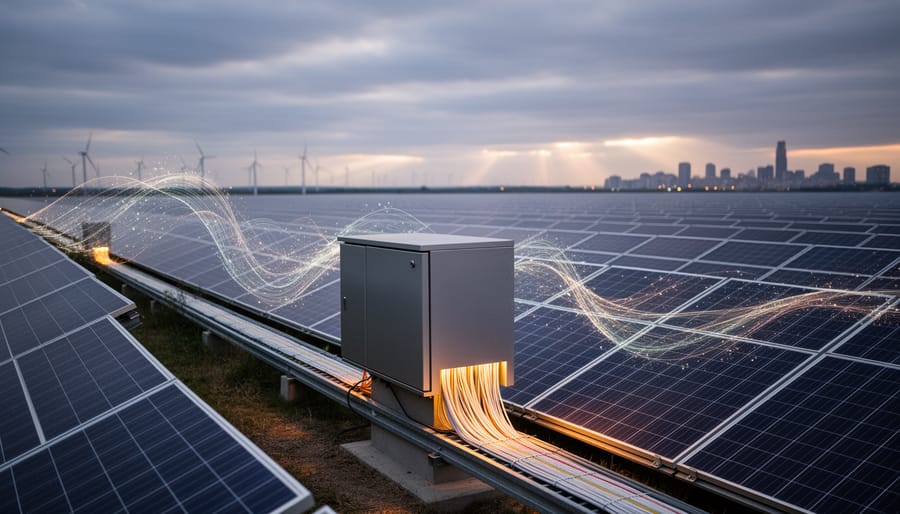 Utility-scale solar panels and substation equipment at dusk with subtle glowing light trails suggesting quantum optimization over the grid.