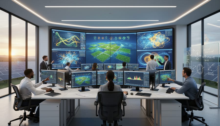 Engineers collaborating in a solar operations control room with dark monitoring screens and visible equipment