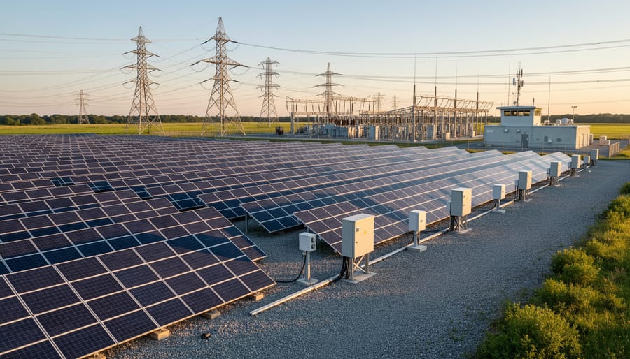 Utility-scale solar panels with nearby electrical substation equipment under an overcast sky