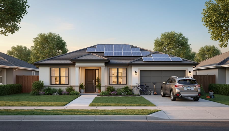 Homeowners standing in a driveway looking up at a house roof with solar installations at dusk.