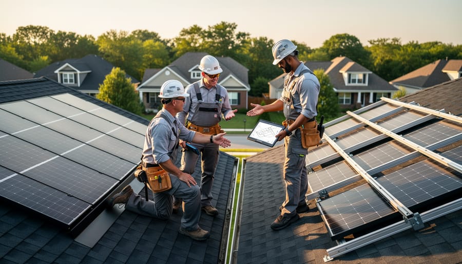 Roofer and solar installer inspecting a residential roof with solar equipment under daylight.